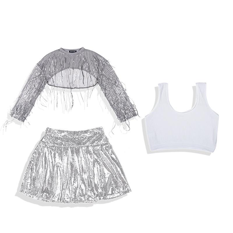 Girls' Sequin Tassel Jazz Dance Outfit - Mesh Long Sleeve & Pants Set for Street & Performance