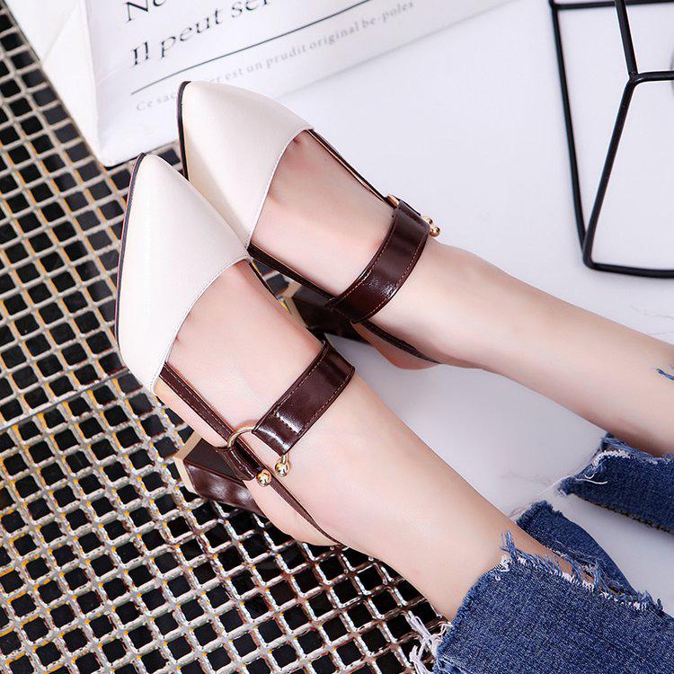 New sandals women's British fashion pointed back empty metal buckle thick heel high heels