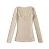 Women's V Neck Long Sleeve Lace Trim Top Slim Fit Solid Color Casual Sexy Pullover