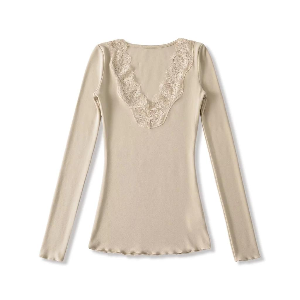 Women's V Neck Long Sleeve Lace Trim Top Slim Fit Solid Color Casual Sexy Pullover