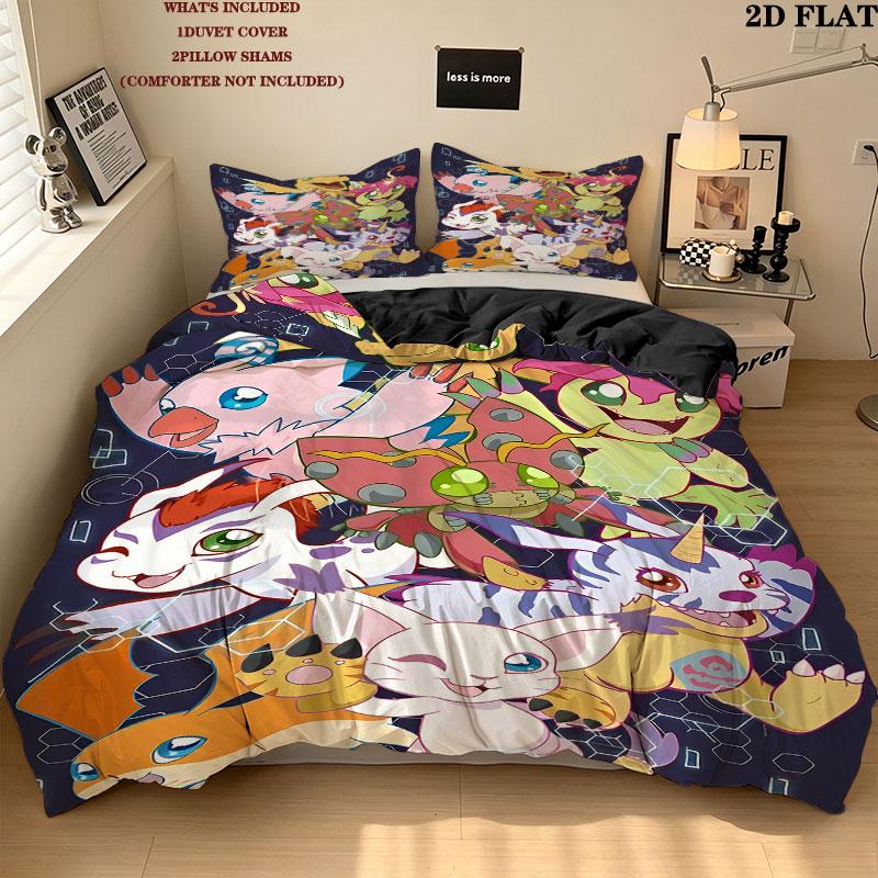 Digimon Adventure Pattern Bedding Quilt Set Quilt Cover Pillowcase Home Birthday Gift(1 * duvet cover + 2 * pillowcase, without core)