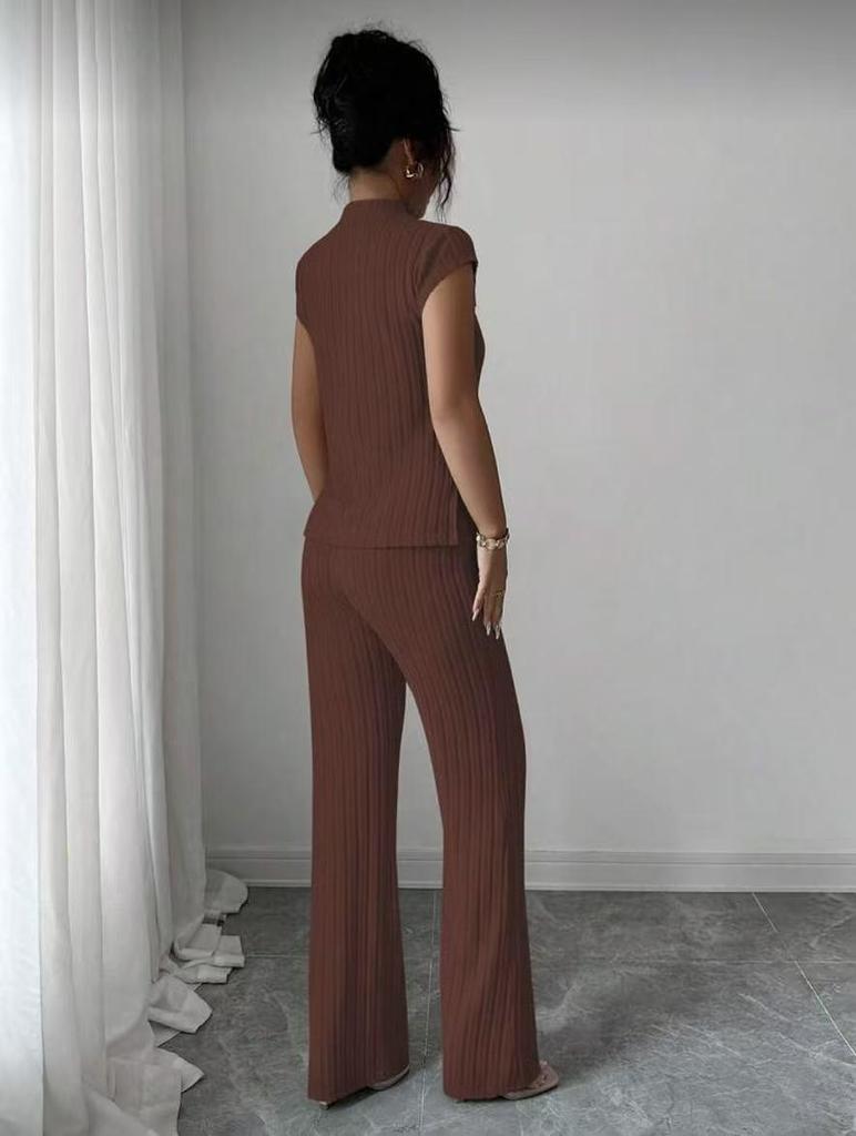 2026 New Style Women's Solid Color Short Sleeve Top & Ribbed Casual Pants Set
