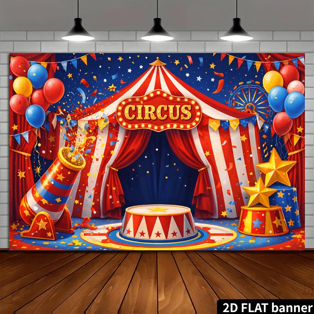 2D planar circus carnival party banner background. Circus theme, featuring red and white striped tents and colorful balloons.