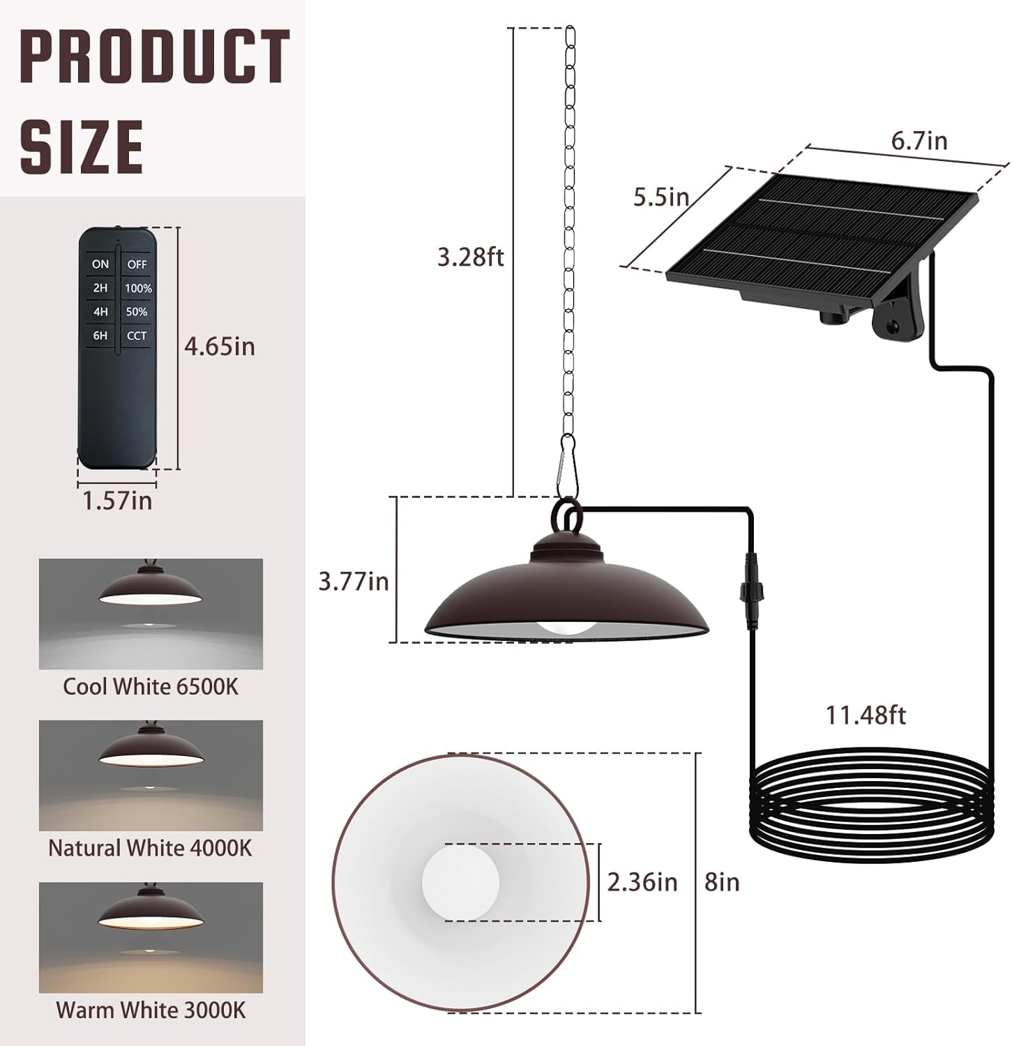 

Сонячний підвісний світильник, 300 люмен LED, Пульт дистанційного керування, 3 CCT, 2 рівні яскравості, Таймер, Тертий бронзовий United States
