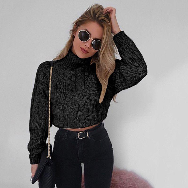 High Collar Knit Long Sleeve Short Top Turtleneck Knitting Long Sleeve Short Top