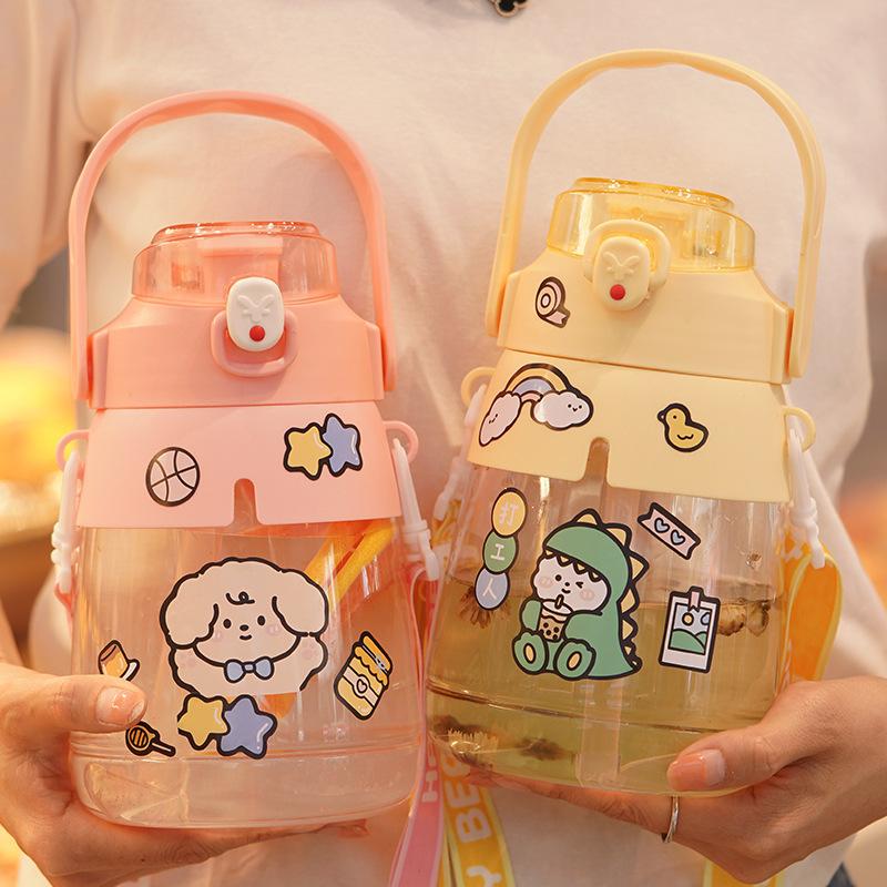 Water Bottle Internet Celebrity Large Capacity Big Belly Cup Girls Children Straw Cup Cute Sticker Hand Strap Plastic Cup