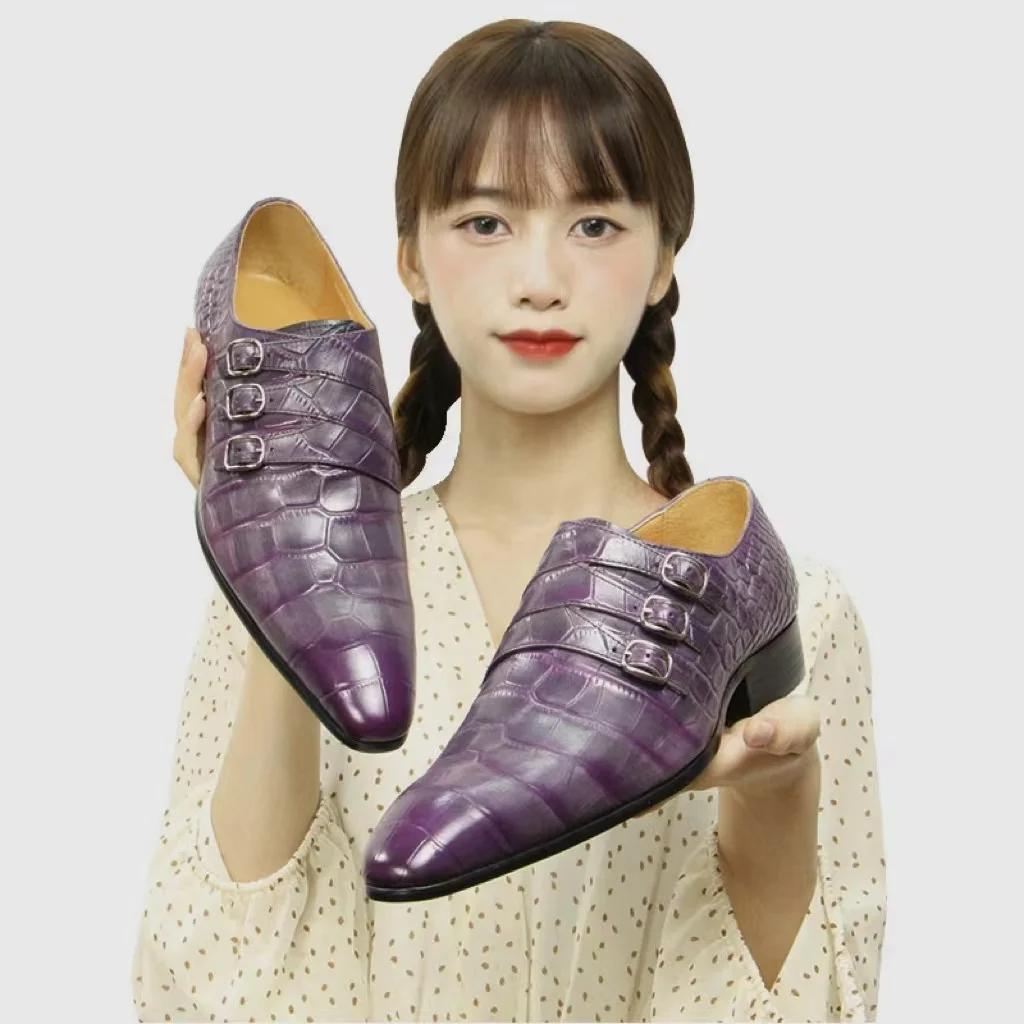 Fashion Wholesale Men's Leather Shoe Handmade Crocodile Pattern Engraved Office Business Wedding Party Fashion Shoe Leather Shoes Purple