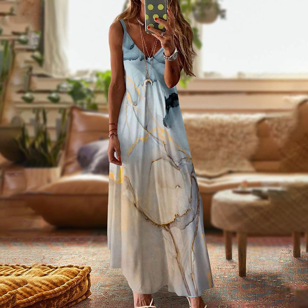 Fashion Womens Loose Summer Sexy Print V-neck Long Sleeveless Dress