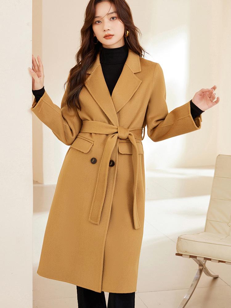 

Женское двустороннее шерстяное пальто с поясом, двубортное, длиной ниже колена, осень/зима L (Weight: 120-135 jin) верблюд