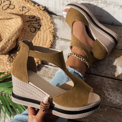 Sommer Neue Keilabsatz Dicksohlige Sandalen für Damen Einfarbige Fischmaul Plateau Hoher Absatz Reißverschluss Hinten Sandale Sandalias Mujer