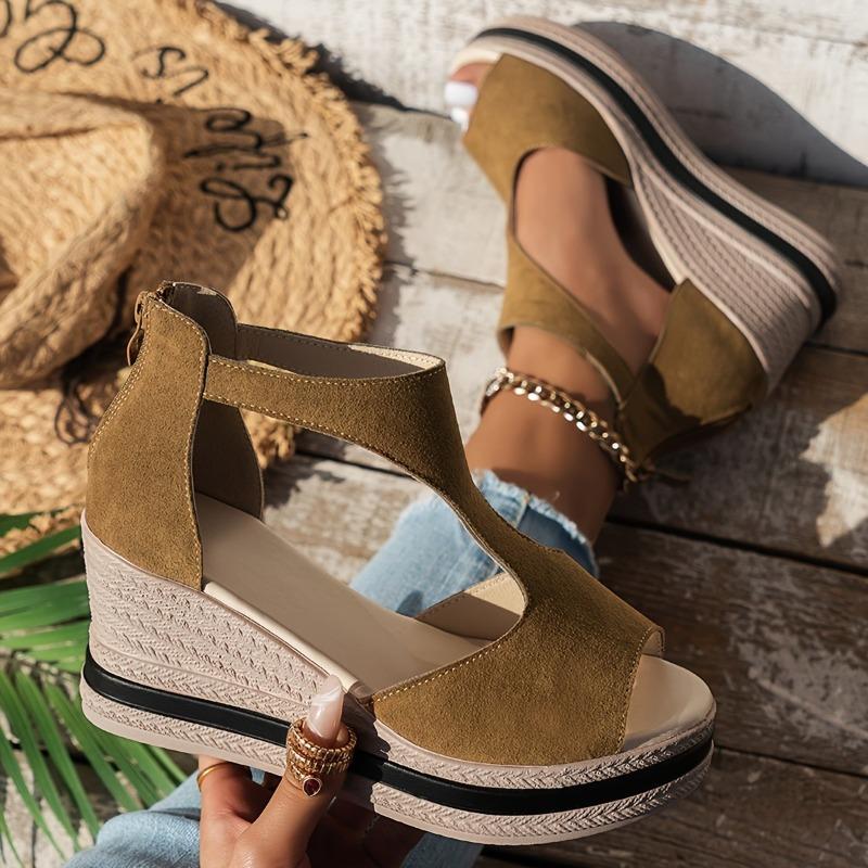 Fashion Summer New Wedge Heel Thick-soled Sandals for Women Solid Color Fish Mouth Platform High Heel Back Zipper Sandal Sandalias Mujer