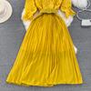 Summer Women Hollow Out Lace Pleated Long Dress Vintage Female O-Neck Yellow/Purple/Blue/Black Patchwork Draped Maxi Vestidos