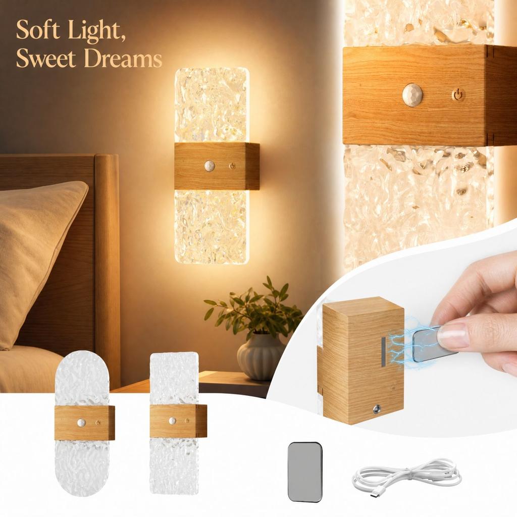 Motion Night Light for Bedroom, Rechargeable Wall Lamp, Wireless Decorative Ambient Light