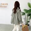Women Shirt Round Neck Lantern Long Sleeve Pullover Tops Solid Color Loose Fit Ruffle Trim Pleated Blouse Daily Wear