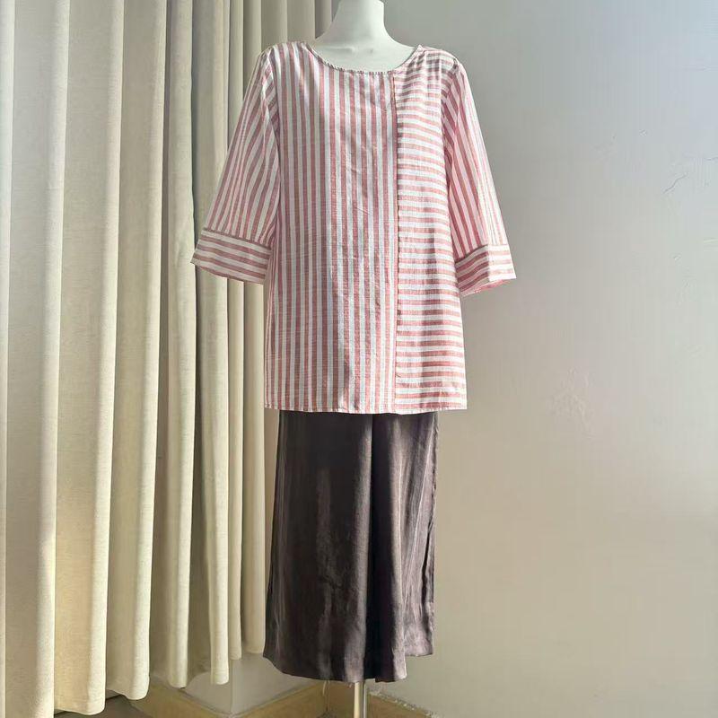 

Very Comfortable Fabric Excellent Cotton round Neck 3/4 Sleeve Stripe Loose Version Top Pink Stripes XL
