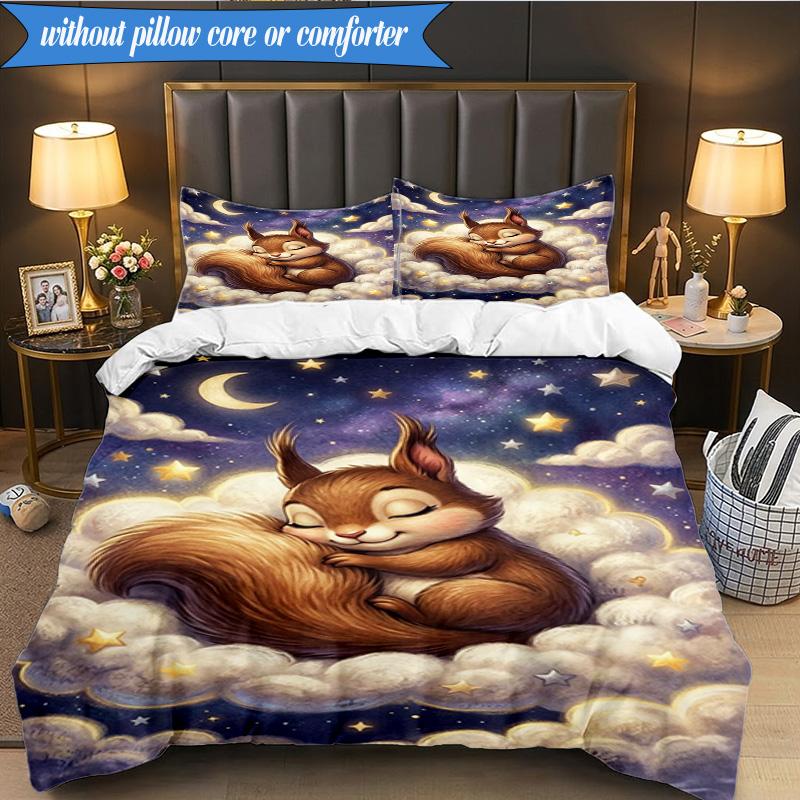 3-teiliges Bettwäsche-Set ' Eichhörnchenträume im Mondlicht', Enthält 1 Bettbezug und 2 Kissenbezüge, Perfekt für Schlafzimmer, Wohnheim, Weihnachtsgeschenk für Fans