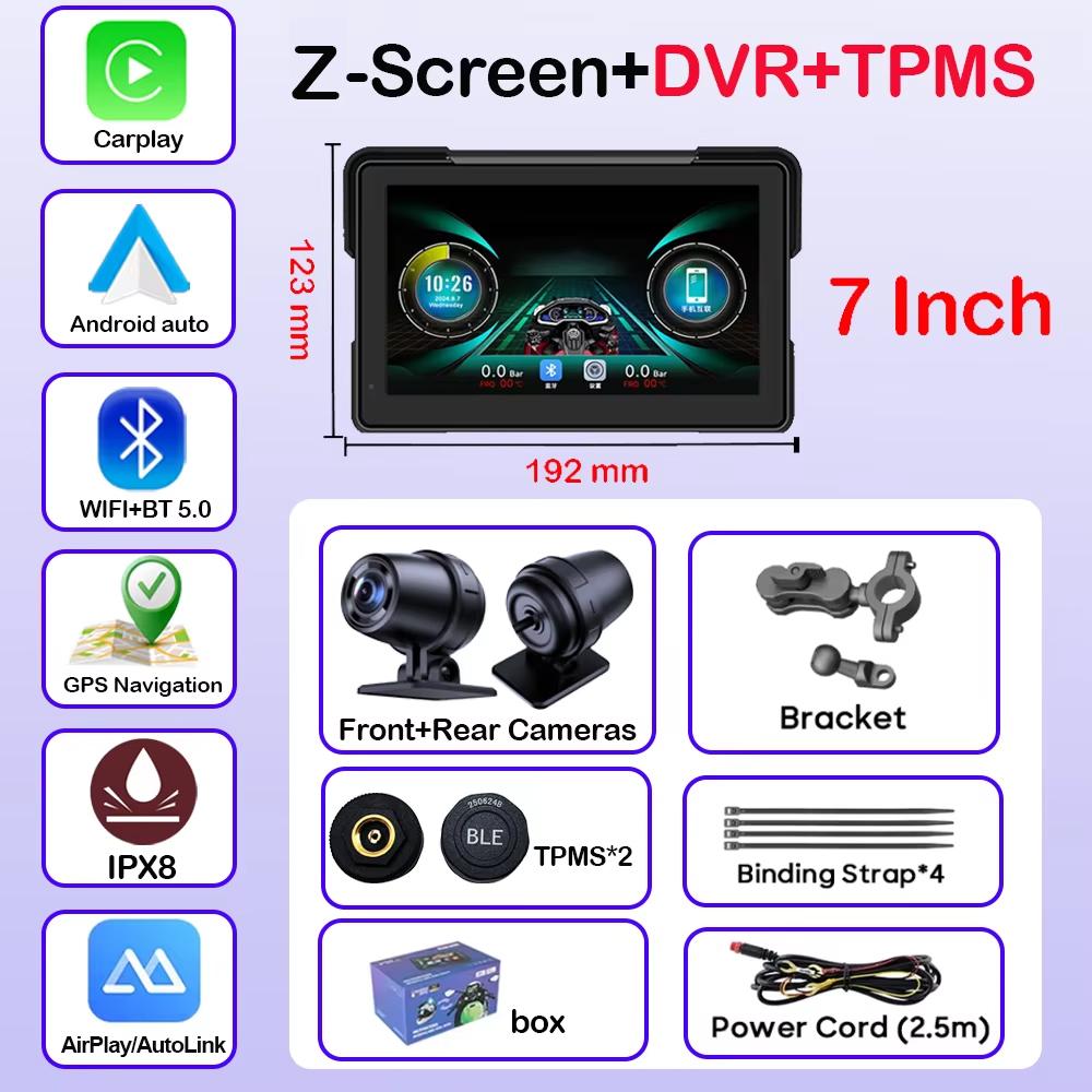 7 Inch Portable GPS Navigation Motorcycle Waterproof Display Moto Wireless Carplay Android Auto Dual DVR Monitor Dash Cam
