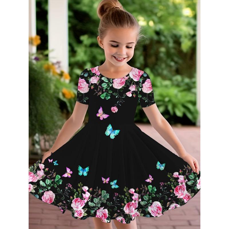 Girls' Summer Fashion Short-Sleeve Cute Casual Dress, 3D Printed Casual Dress