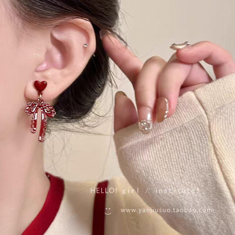 Retro Burgundy Love Bow Earrings Female Hong Kong Style Niche High-End Stud Earrings Daily Commute Versatile Earrings