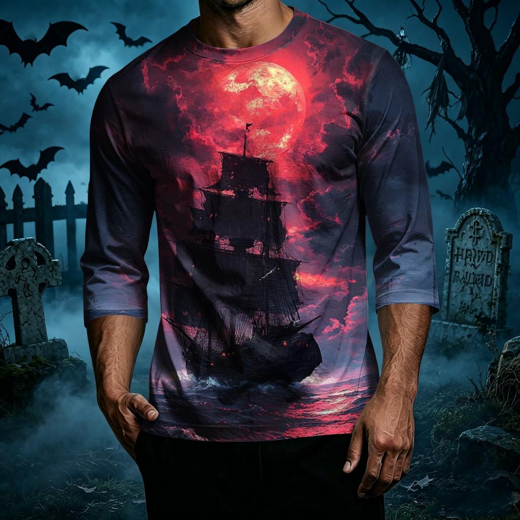 Men's Casual Halloween Print Crew Neck T Shirt Three Quarter Sleeve Regular Fit Top Suitable for Everyday Wear and Seasonal Events