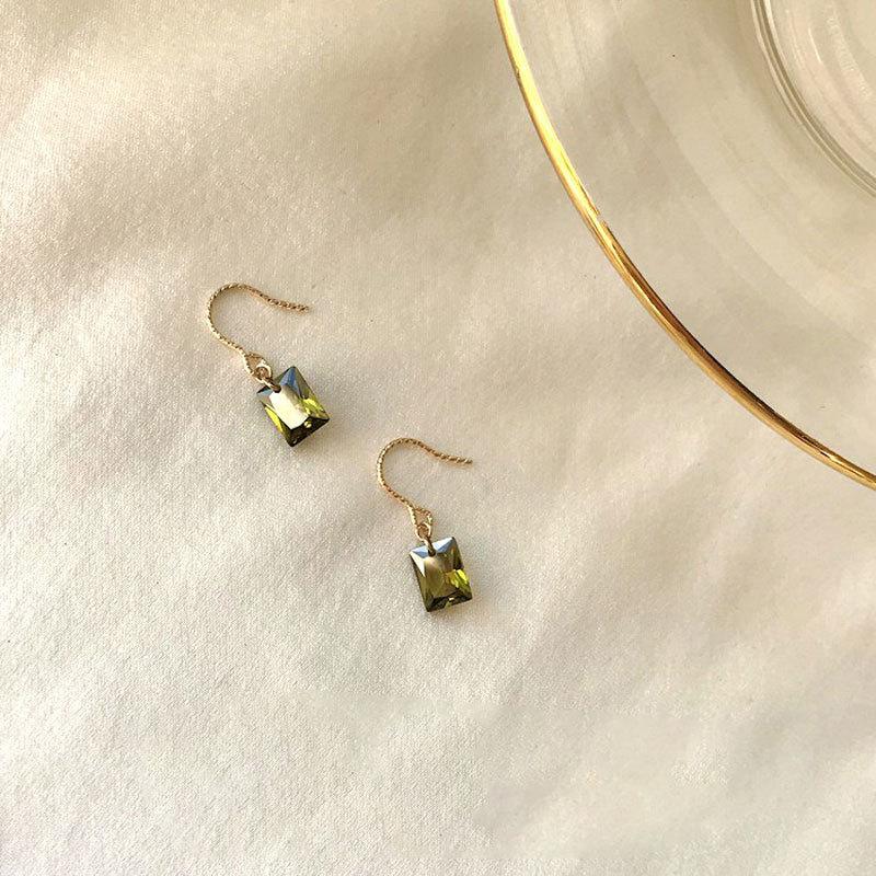 Olive Green Bare Stone Gentle Wind Earrings French Retro Hong Kong Style Ear Hook Temperament Earrings Light and Luxurious Earrings