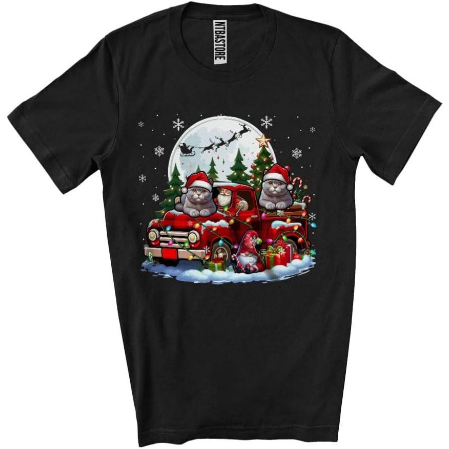 British Shorthair Cat On Pickup Truck Red Plaid, Awesome Gnome British Shorthair Cat Christmas Group Unisex T-Shirt S