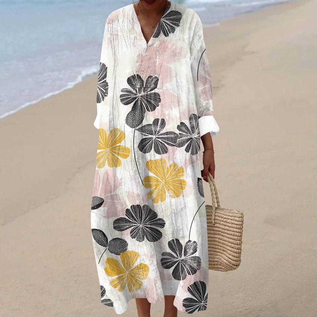 Kadın Günlük Moda V Yaka Uzun Kollu Çiçek Desenli Maksi Elbise