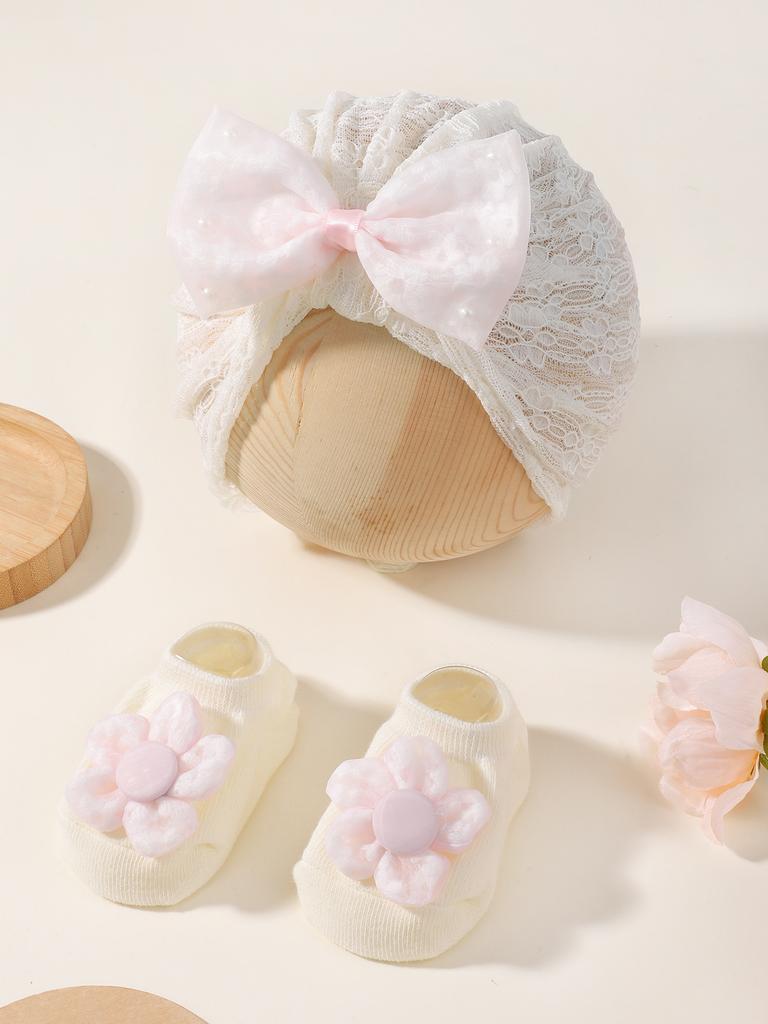2 Stück Baby Schleife Mütze Socken Set Kleinkind Jungen Mädchen Spitze Druck Schleife Elastische Mütze Turban Einfarbig Weiche Socke Kinder Accessoires