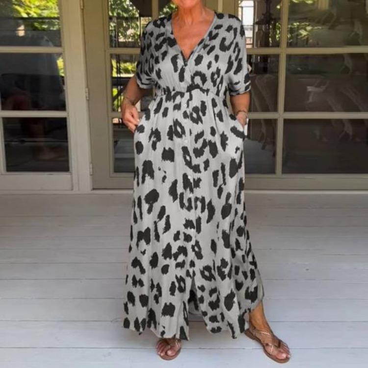 Leopard Print Women Maxi Dress V Neck Single Breasted Contrast Color Pockets Tight Waist Loose Ankle Length Soft Split Hem Lady Dress
