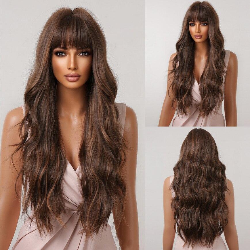 ALAN EATON Black Long Body Wavy Wig for Women Synthetic Natural Wave Wigs with Bangs Daily Party Fake Hair Heat Resistant Fiber