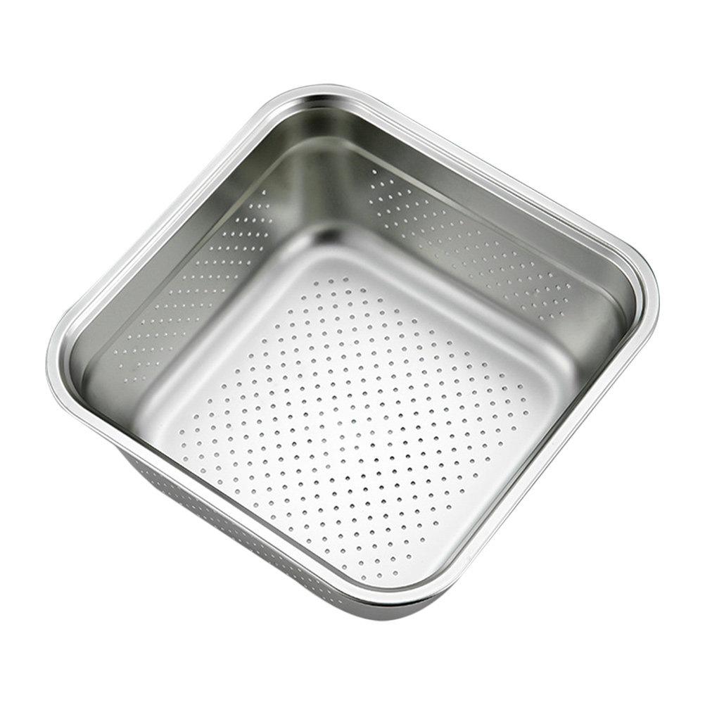 Stainless Steel Thick Vegetable Washing Basin Large Capacity Square Colander Rice Fruit Draining Container Metal Washing Basin 23X23X9.5CM