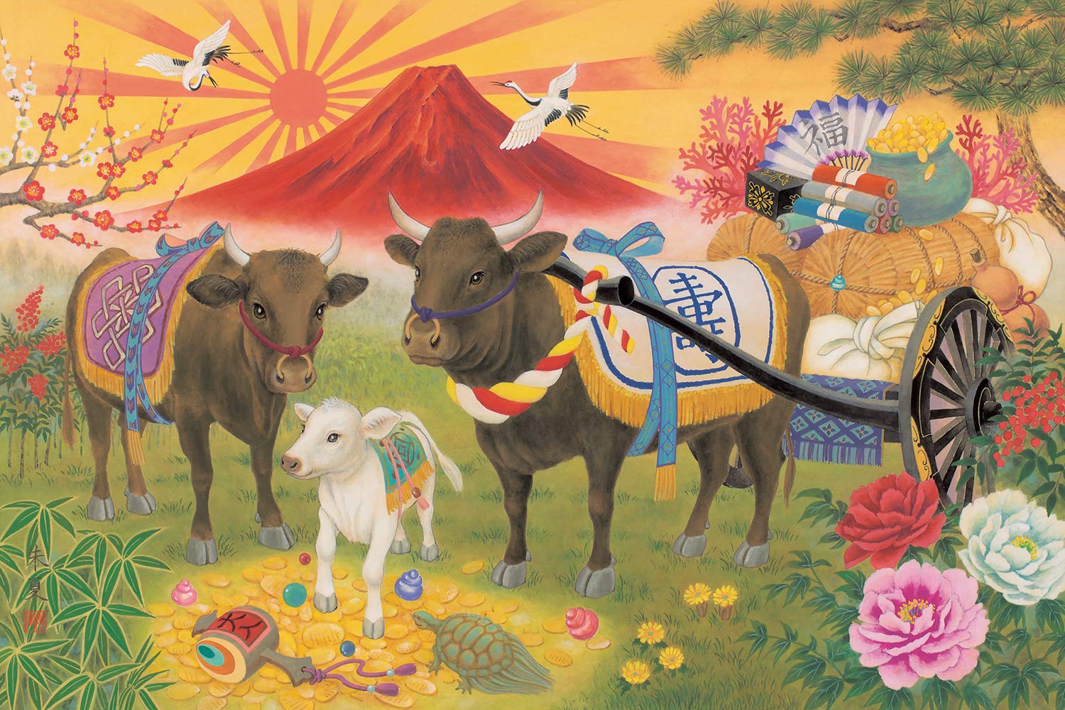 

1500-piece jigsaw puzzle featuring Japanese paintings of the lucky zodiac sign of the Ox, small pieces (50x75cm)