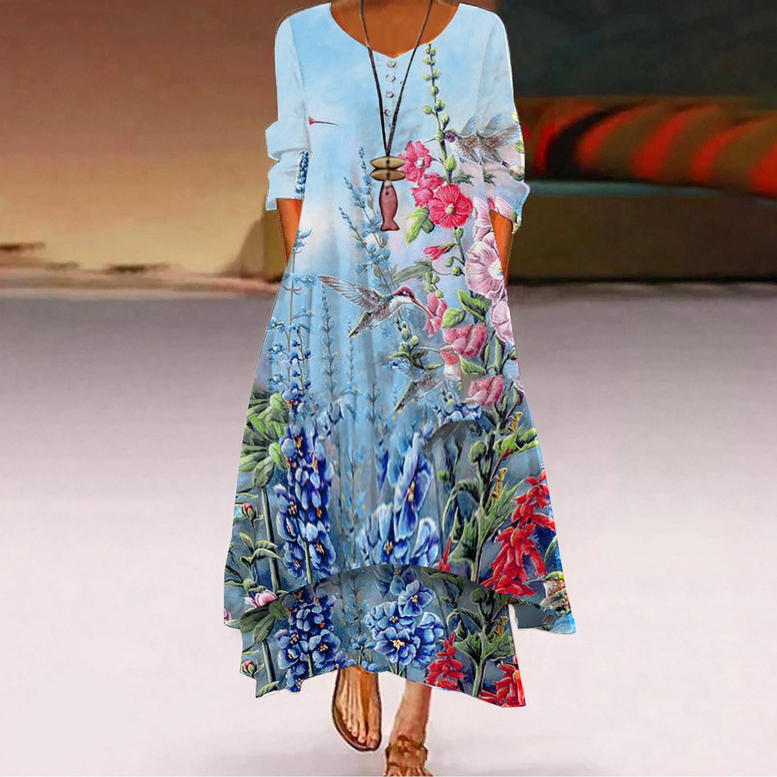 

Ladies Casual Print Long Dress Round Neck Pullover Double Irregular Dress S синий