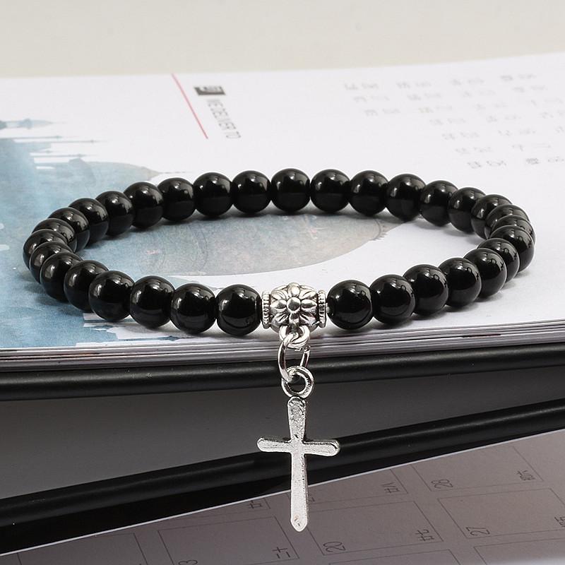 A cross bracelet for men and women, natural stone matte black yoga chain, vintage bohemian jewelry gift