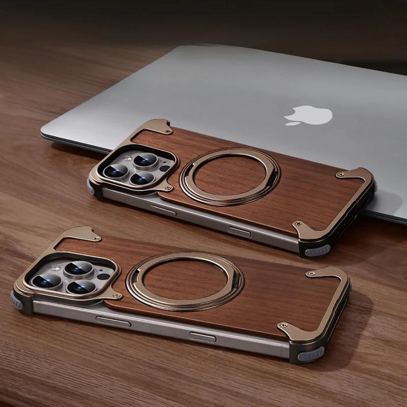 Oatsbasf Magnetic Phone Case for iPhone 16 Pro/16 Pro Max with 360°Rotatable Stand Wooden Protective Cover Wireless Charging