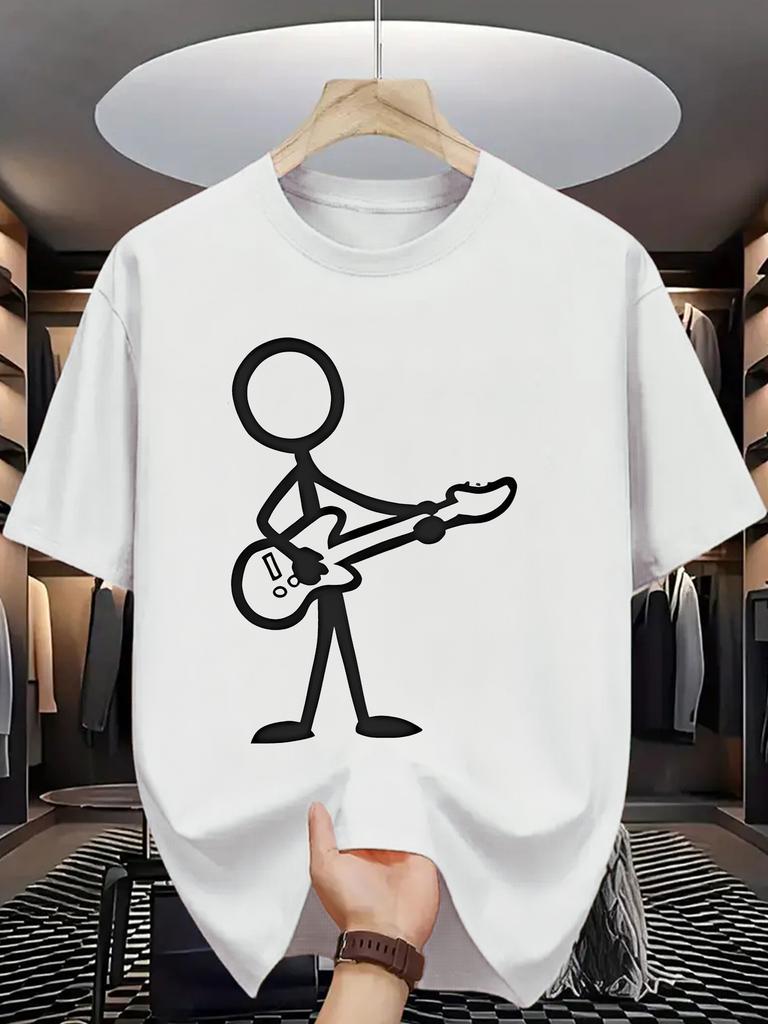 Stick Figure Print Unisex Short Sleeve Tshirt Minimalist Guitar Player Line Art O Neck Tee Rock Music Style Male Street Fashion Top