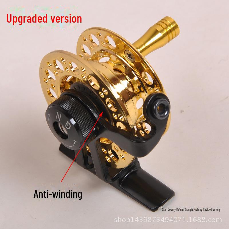 Angelrolle: Vollmetall-Frontrolle mit Eisangelschnur, Handrute und Mittel-Durchlauf-Rolle