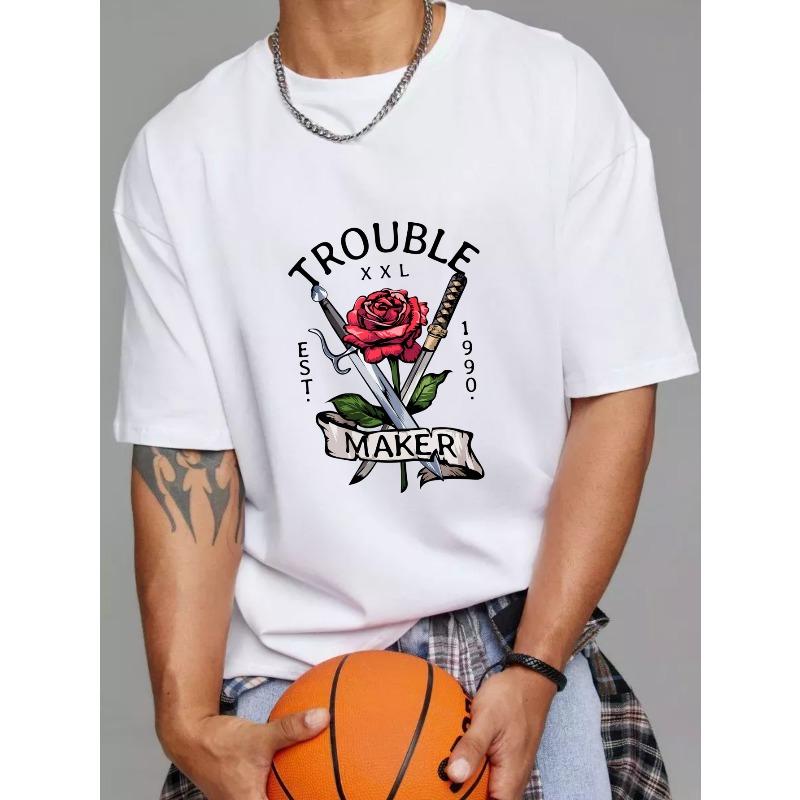 

White T Shirt with Trouble Maker Rose and Swords Graphic for Casual Wear XXXXL белый