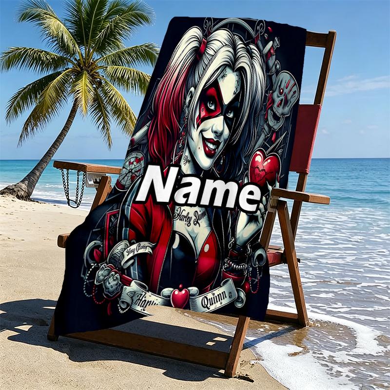Custom Name Personalized Harley Quinn Joker Print Beach Towel, for Trip Camping Beach Party Home Decor, Birthday Gift for Family & Friends