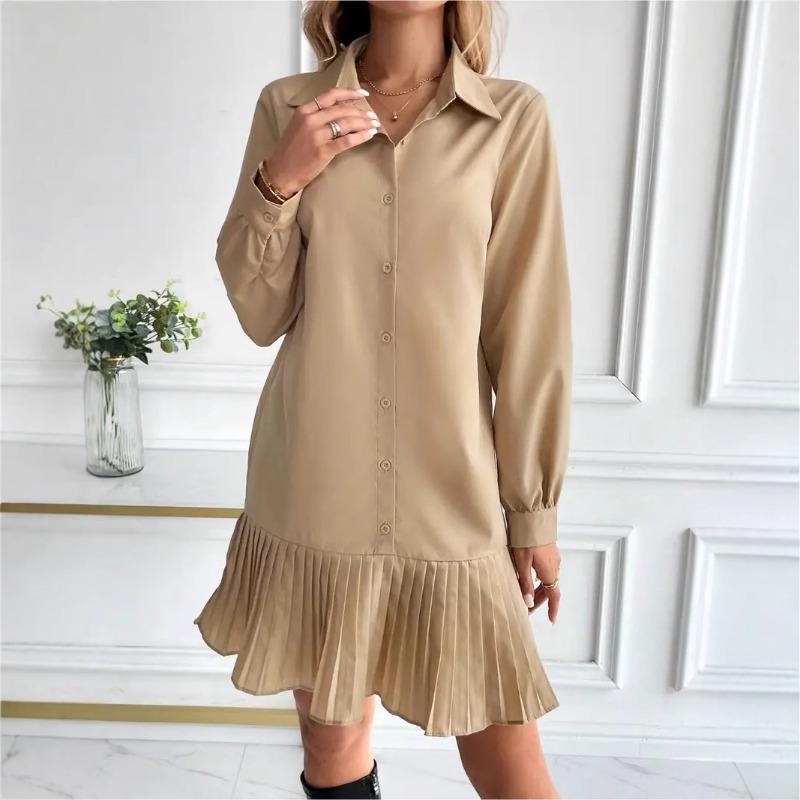 

Весна Осень Водолазка Повседневная Мода Плиссированное Платье-рубашка Женщины Длинный Рукав Однотонное Пуговицы Халат Vestidos S хаки