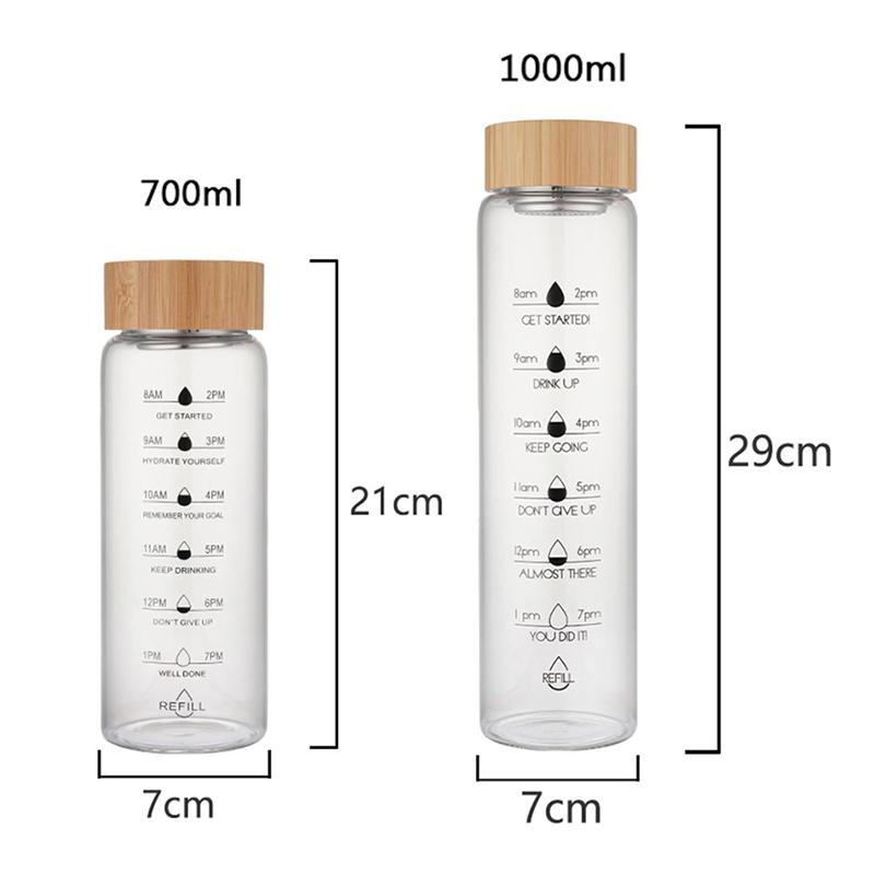 1000 ML śliczna szklana butelka na wodę ze znacznikiem czasu duża, przezroczysta szklana sitko do herbaty owocowej kubek na zewnątrz podróż szczelna bez BPA