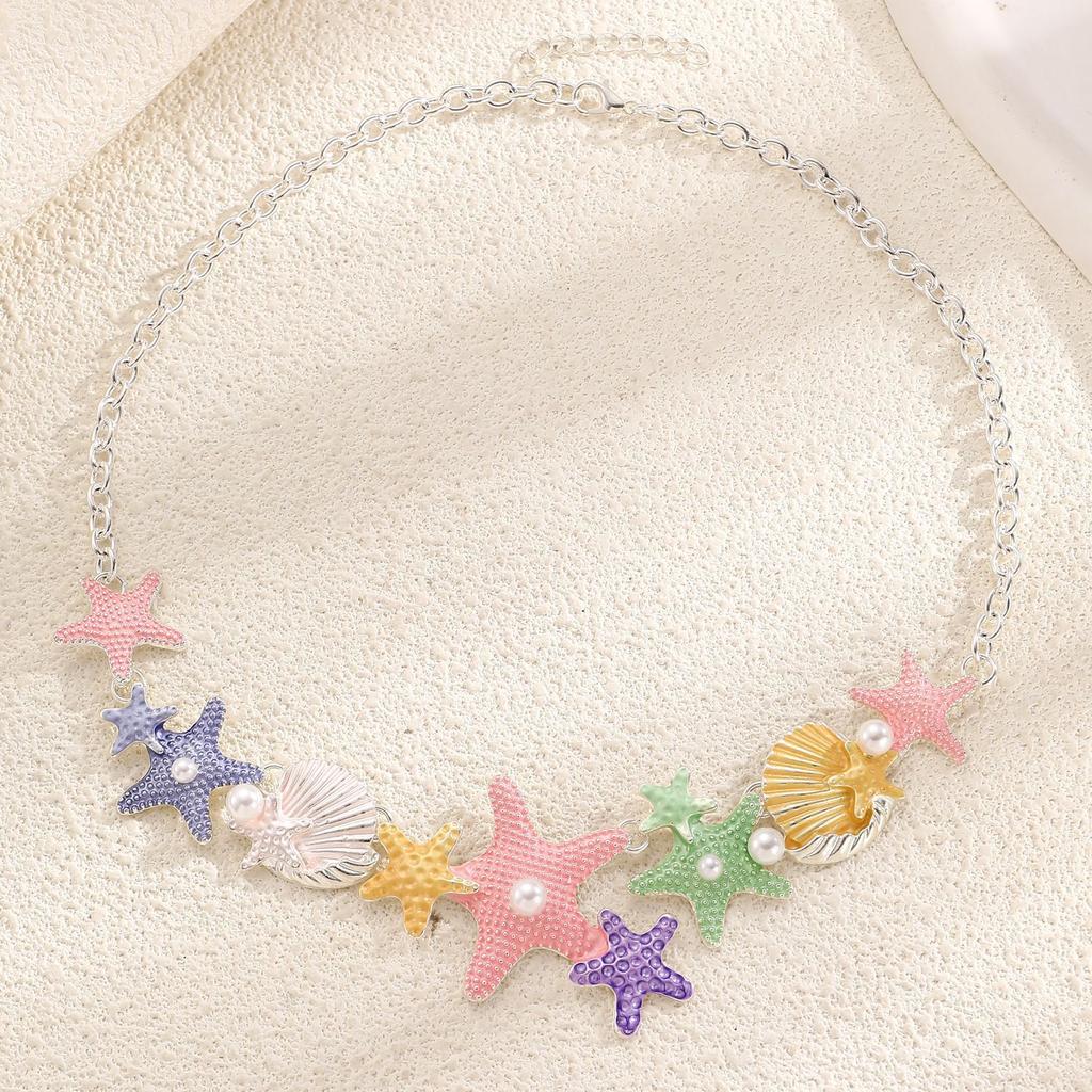 Vacation Style Colorful Starfish Zircon Shell Pendant Zircon Sets Fresh Fashion Necklace Earrings Bracelet Set for Women