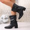 Women's Fashion Pointed Toe Belt Buckle Large Size Chunky Heel Studded Boots