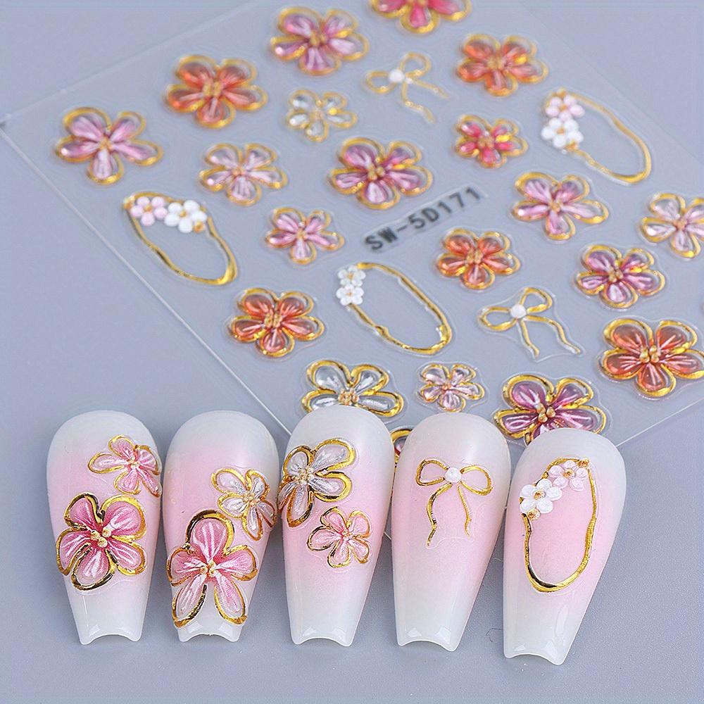 1pc 5D Embossed Floral Nail Stickers - Translucent Flower Bows Self-Adhesive Glossy Nail Art Decals for Spring Wedding Manicure, DIY Nail Decor