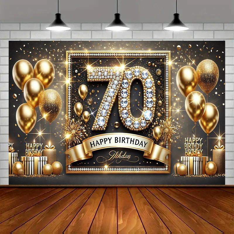 Ein luxuriöses Polyester-Poster für den 70. Geburtstag in Gold und Schwarz: mit Luftballons, Konfetti und einem Alles Gute zum Geburtstag Design.