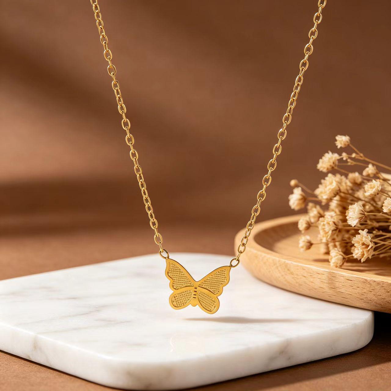 Luxury Titanium Steel Butterfly Necklace & Bracelet Set for Women 18K