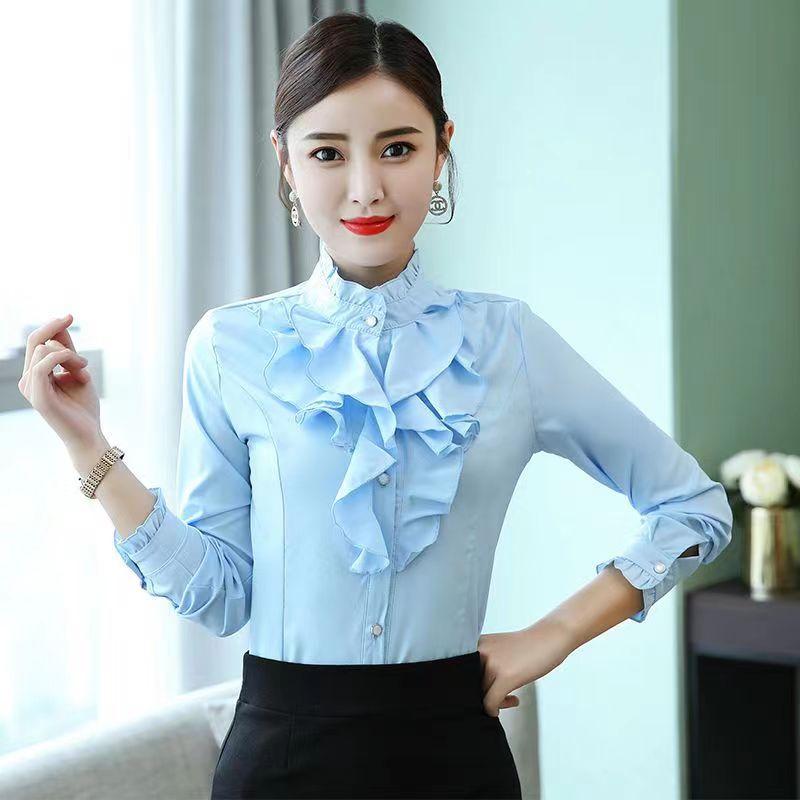 Herbst und Winter Damenmode Stehkragen Knopf Rüschen Raffbluse Einfarbig Pendler Langarm Slim Shirt