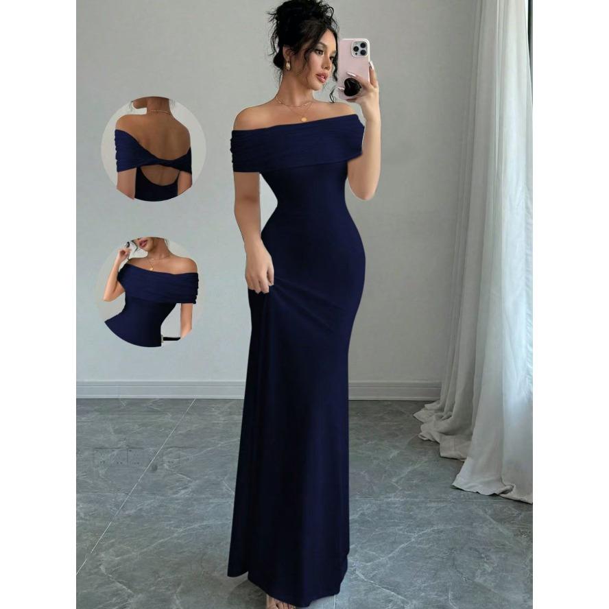 YYFS Women's Fashion Summer Spring Solid Color Print Short Sleeve One Shoulder High Waist Casual Dresses