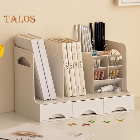 Pen Holder Bookend Large Capacity Desk Organizer with Smooth Drawer Handles Multi-Functional Storage Stationery Organizer