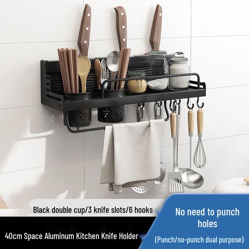 Punch-Free Aluminum Kitchen Wall Organizer: Multifunctional Rack for Utensils, Knives, Seasonings, and Chopsticks